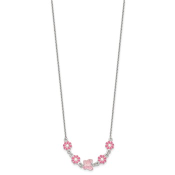 Sterling Silver Polished Pink Enameled Flowers and Pink Glass Butterfly Childrens 14 inch Necklace — alternate view