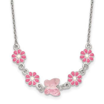 Sterling Silver Polished Pink Enameled Flowers and Pink Glass Butterfly Childrens 14 inch Necklace