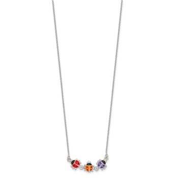 Sterling Silver Polished White CZ with Red/Orange/Purple Enameled Multicolor Ladybugs Childrens 14 inch Necklace — alternate view
