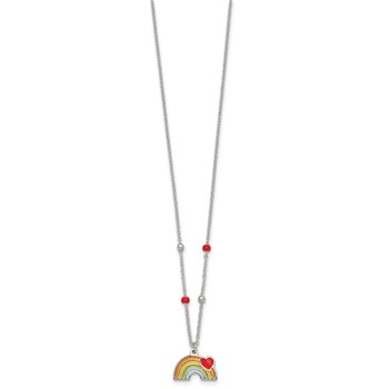 Sterling Silver Polished Beaded Enameled Heart on Rainbow Childrens 14 inch Necklace — alternate view