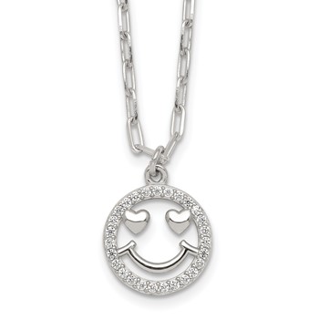 Sterling Silver Polished White CZ Smiley Face with Heart Eyes 16 inch Necklace
