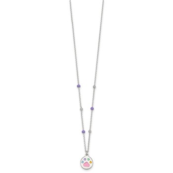 Sterling Silver Polished Beaded Enameled Multi-color Heart Pawprint Childrens 14 inch Necklace — alternate view