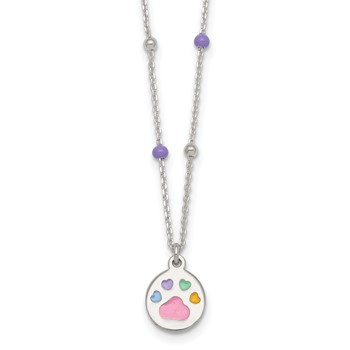 Sterling Silver Polished Beaded Enameled Multi-color Heart Pawprint Childrens 14 inch Necklace