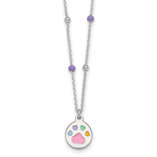 Sterling Silver Beaded Enameled Heart Pawprint 14 Inch Necklace
