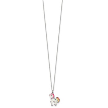 Sterling Silver Polished White and Rainbow Enameled Unicorn Childrens 14 inch Necklace — alternate view