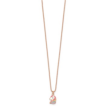 Sterling Silver Rose-tone Polished White and Rainbow Enameled Unicorn Childrens 14 inch Necklace — alternate view