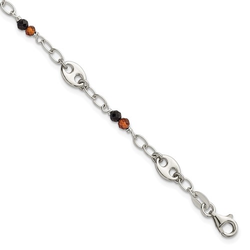 Sterling Silver Polished Garnet and Spinel Puffed Mariner Link Bracelet