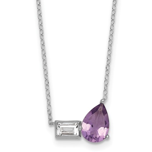 SS RH-pltd Amethyst and White Topaz Pear Rectangle 16in w/2in Ext Necklace