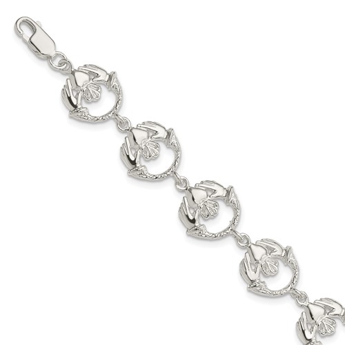 Sterling Silver Polished and Textured Claddagh Link 7 inch Bracelet