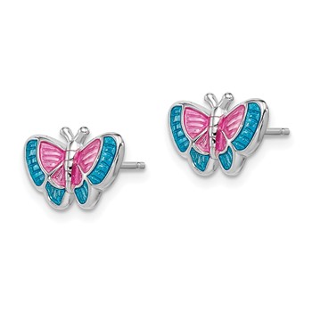Sterling Silver Rhodium-plated Madi K Polished Pink & Blue Enameled Butterfly Children's Post Earrings — alternate view