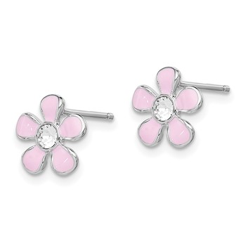 Sterling Silver Madi K Rhodium-plated Polished Pink Enamel & Crystal Flower Children's Post Earrings — alternate view