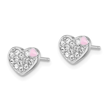 Sterling Silver Madi K Rhodium-plated Pink Enamel & Crystal Heart Children's Post Earrings — alternate view