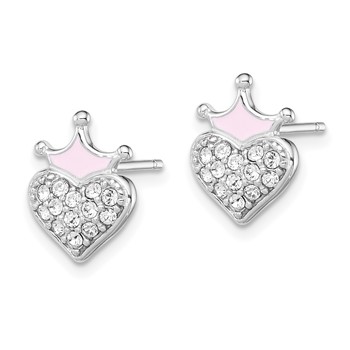 Sterling Silver Madi K Rhodium-plated Polished Pink Enamel & Crystal Crown Heart Children's Post Earrings — alternate view
