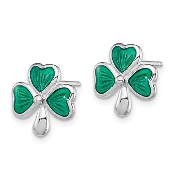Sterling Silver Madi K Rhodium-plated Polished Green Enameled Shamrock Children's Post Earrings — alternate view