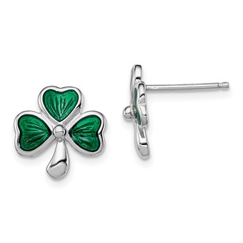 Sterling Silver Madi K Rhodium-plated Polished Green Enameled Shamrock Children's Post Earrings