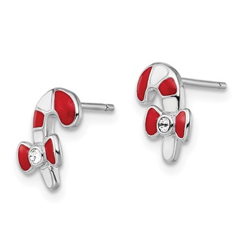 Sterling Silver Madi K Rhodium-plated Polished Red & White Enameled & Crystal Candy Cane Children's Post Earrings — alternate view