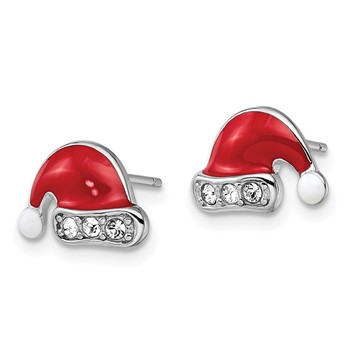 Sterling Silver Madi K Rhodium-plated Polished Red & White Enameled & Crystal Santa Hat Children's Post Earrings — alternate view