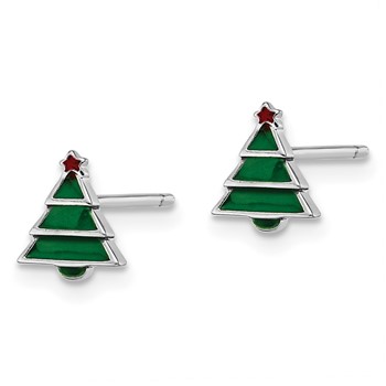 Sterling Silver Madi K Rhodium-plated Polished Green & Red Enameled Christmas Tree Children's Post Earrings — alternate view