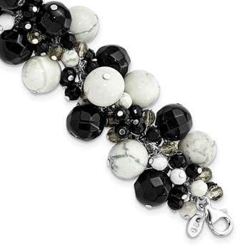 Sterling Silver Howlite/ Black & Smoky Quartz Crystal Bracelet