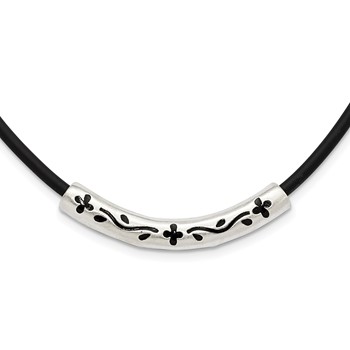 Sterling Silver Enameled & Satin Floral Bar on Black Rubber Cord Necklace