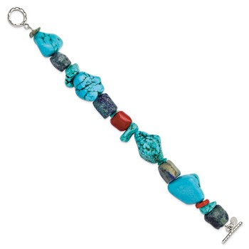Sterling Silver Red Coral/Howlite/Lapis/Turquoise Bracelet — alternate view