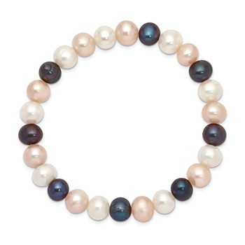 "8-9mm White, Peach and Black Near-Round Freshwater Cultured Pearl Stretch Bracelet" — alternate view