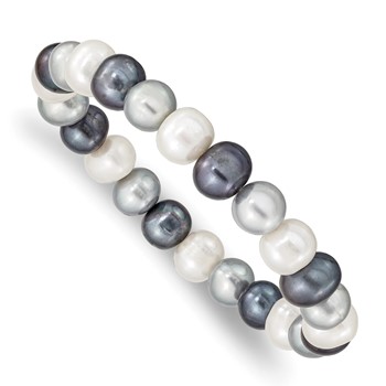 "8-9mm White, Platinum and Black Near-Round Freshwater Cultured Pearl Stretch Bracelet"