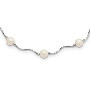 Sterling Silver Rhodium-plated 6-7mm White Near-Round Freshwater Cultured Pearl 18-Station 18 inch Necklace