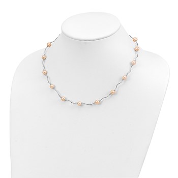 Sterling Silver Rhodium-plated 6-7mm Pink Near-Round Freshwater Cultured Pearl 18-Station 18 inch Necklace — alternate view