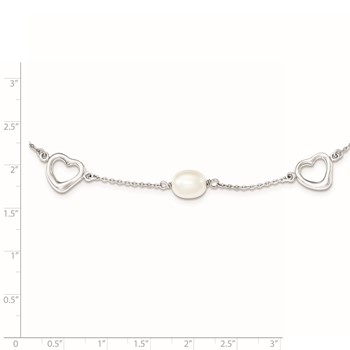 Sterling Silver Rhodium-plated 7-8mm White Teardrop Freshwater Cultured Pearl and Hearts 17 inch with 2 inch Extension Necklace — alternate view