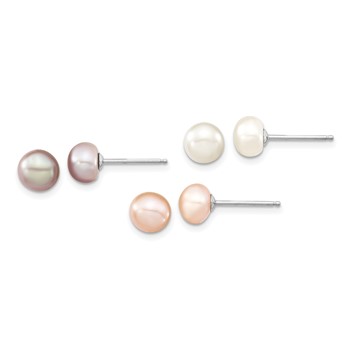 "Sterling Silver Rhodium-plated 6-7mm White, Pink and Purple Semi-Round Freshwater Cultured Pearl 18 inch Necklace, 7.25 inch Bracelet and 3-piece Button Post Earrings Set" — alternate view