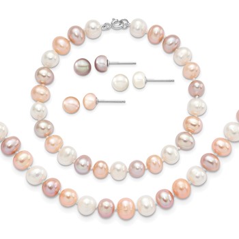 "Sterling Silver Rhodium-plated 6-7mm White, Pink and Purple Semi-Round Freshwater Cultured Pearl 18 inch Necklace, 7.25 inch Bracelet and 3-piece Button Post Earrings Set"