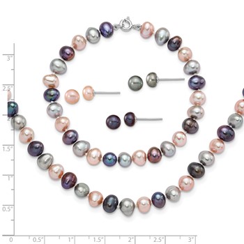 "Sterling Silver Rhodium-plated 6-7mm Black, Pink and Gray Semi-Round Freshwater Cultured Pearl 18 inch Necklace, 7.25 inch Bracelet and 3-piece Button Post Earrings Set" — alternate view
