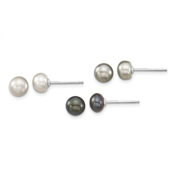 Sterling Silver Rhodium-plated 6-7mm Grey and Black Semi-Round Freshwater Cultured Pearl 18 inch Necklace and 7.25 Bracelet and 3-piece Button Post Earrings Set — alternate view