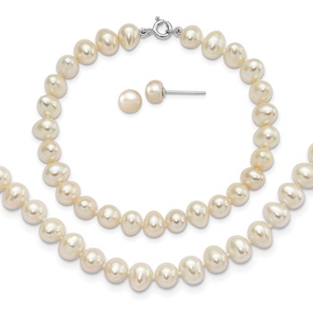 "Sterling Silver Rhodium-plated 6-7mm White Semi-Round Freshwater Cultured Pearl 18 inch Necklace, 7.25 in Bracelet and Button Post Earrings Set "