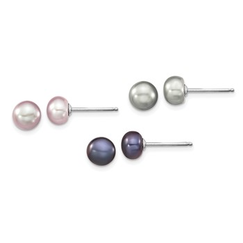"Sterling Silver Rhodium-plated 6-7mm Grey, Pink and Black Semi-Round Freshwater Cultured Pearl 18 inch Necklace, 7.25 inch Bracelet and 3-piece Button Post Earrings Set" — alternate view
