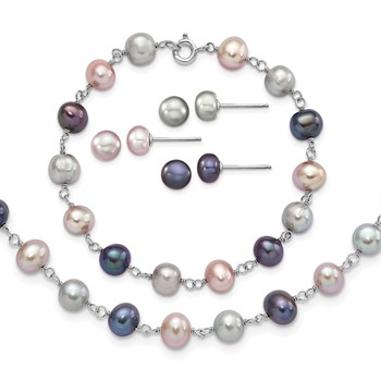 "Sterling Silver Rhodium-plated 6-7mm Grey, Pink and Black Semi-Round Freshwater Cultured Pearl 18 inch Necklace, 7.25 inch Bracelet and 3-piece Button Post Earrings Set"