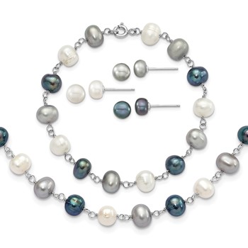 "Sterling Silver Rhodium-plated 6-8mm White, Grey and Black Semi-Round Freshwater Cultured Pearl 18 inch Necklace and 7.25 inch Bracelet and 3-piece Button Post Earrings Set"