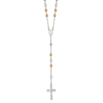 Sterling Silver Tri-color Polished Textured Bead Rosary 26 inch Necklace