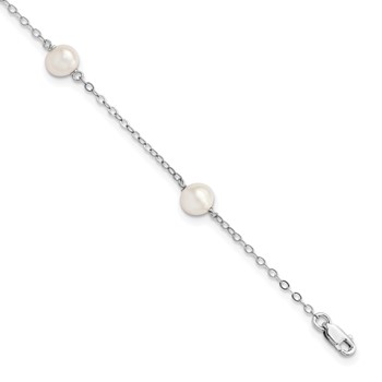 Sterling Silver Rhodium-plated 5-6mm White Freshwater Cultured Pearl 3-Stations 5.5 inch with 1 inch Extension Bracelet