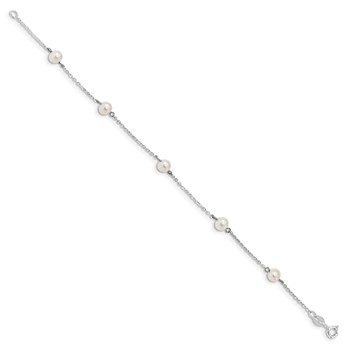 Sterling Silver Rhodium-plated 5-6mm White Round Freshwater Cultured Pearl 5-Station 7 inch Bracelet — alternate view