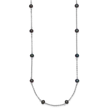 Sterling Silver Rhodium-plated 4-5mm Black Semi-Round Freshwater Cultured Pearl 8-Station 16 inch Necklace — alternate view