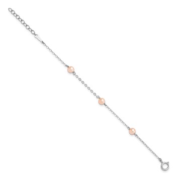 Sterling Silver Rhodium-plated 4-5mm Pink Semi-Round Freshwater Cultured Pearl 3-Station 5 inch with 1 inch Extension Children's Bracelet — alternate view