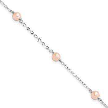 Sterling Silver Rhodium-plated 4-5mm Pink Semi-Round Freshwater Cultured Pearl 3-Station 5 inch with 1 inch Extension Children's Bracelet
