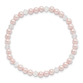 Childrens 4mm Pink Imitation Shell Pearl and Faceted Clear Crystal 45mm Stretch Bracelet — alternate view