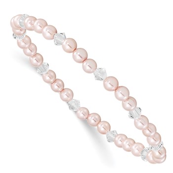 Childrens 4mm Pink Imitation Shell Pearl and Faceted Clear Crystal 45mm Stretch Bracelet