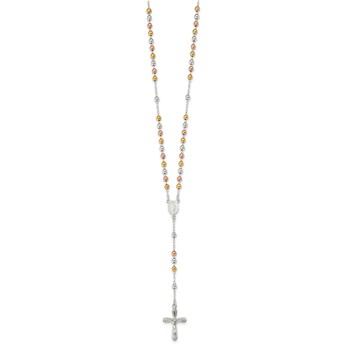 Sterling Silver Polished White Rose and Yellow Bead Rosary 18 inch Necklace — alternate view