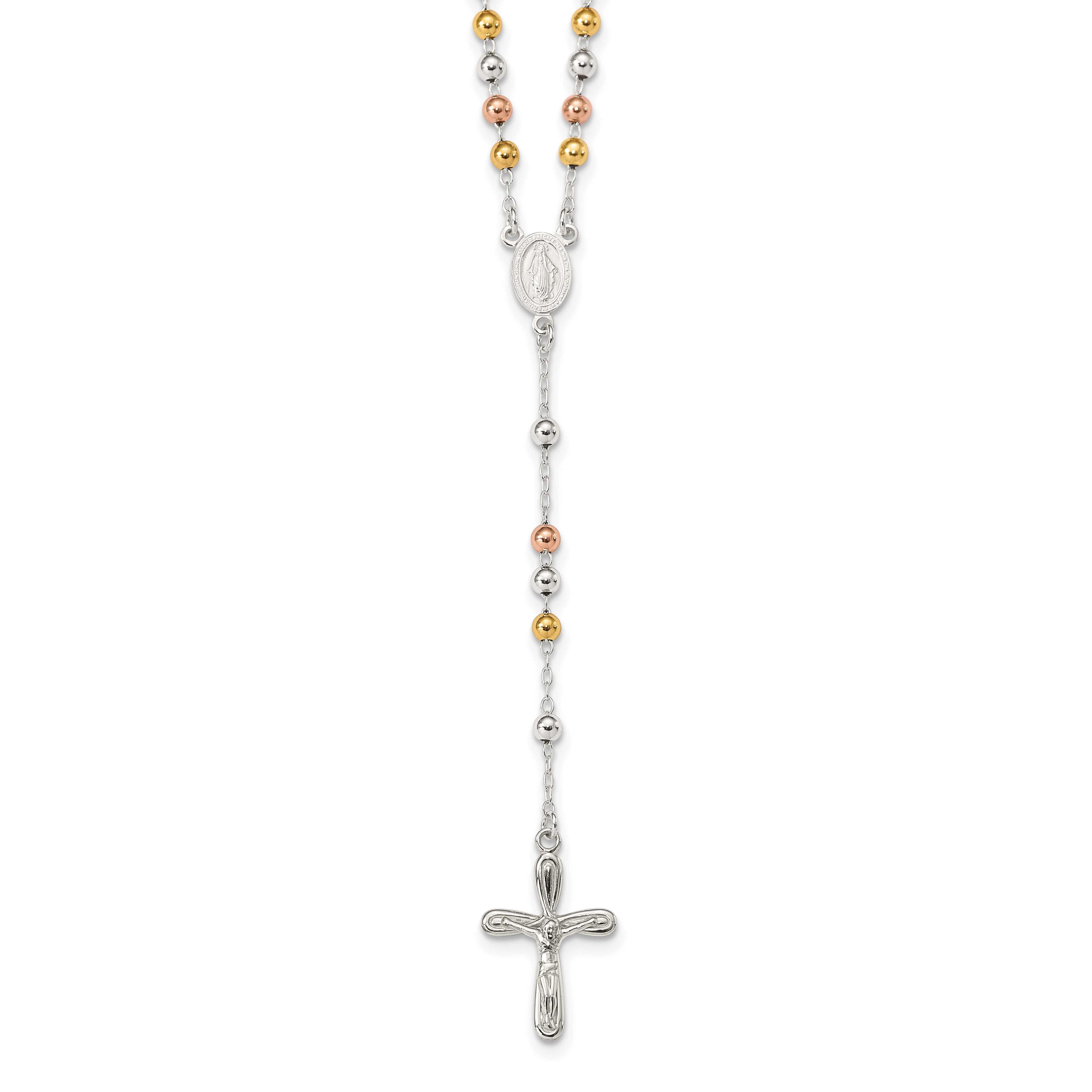 Sterling Silver Polished White Rose and Yellow Bead Rosary 18 inch