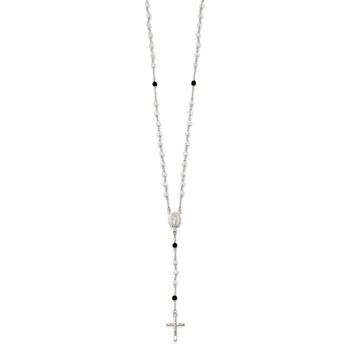 Sterling Silver Polished and Black Crystal Bead Rosary 23.5 inch Necklace — alternate view