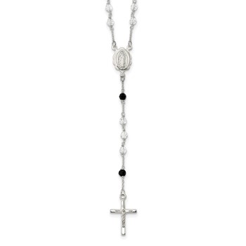 Sterling Silver Polished and Black Crystal Bead Rosary 23.5 inch Necklace